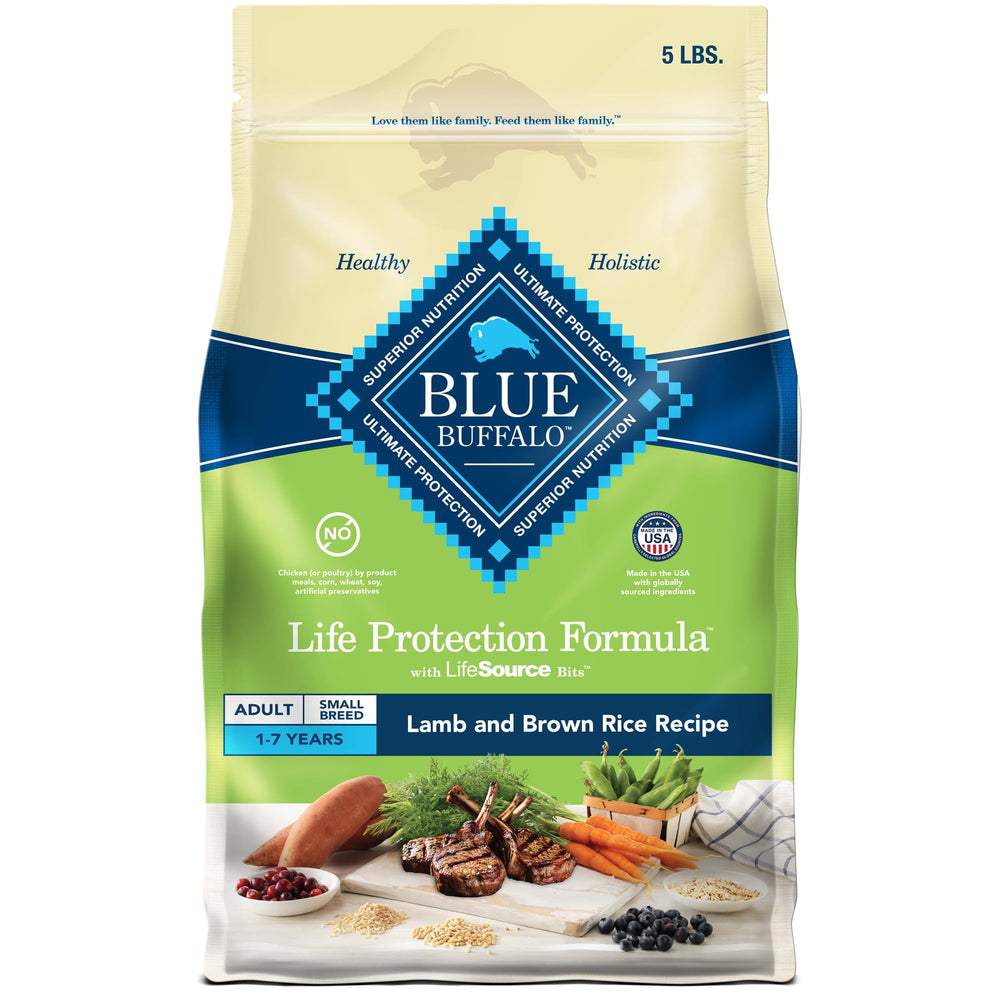 Blue Buffalo Life Protection Small Breed Lamb and Brown Rice bag shows premium formula for small dogs