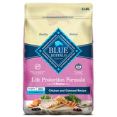 Blue Buffalo Life Protection small breed puppy food bag shows real chicken first ingredient.
