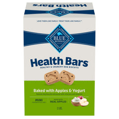 Blue Buffalo Mini Health Bars packaging shows apples and yogurt for a tasty reward.