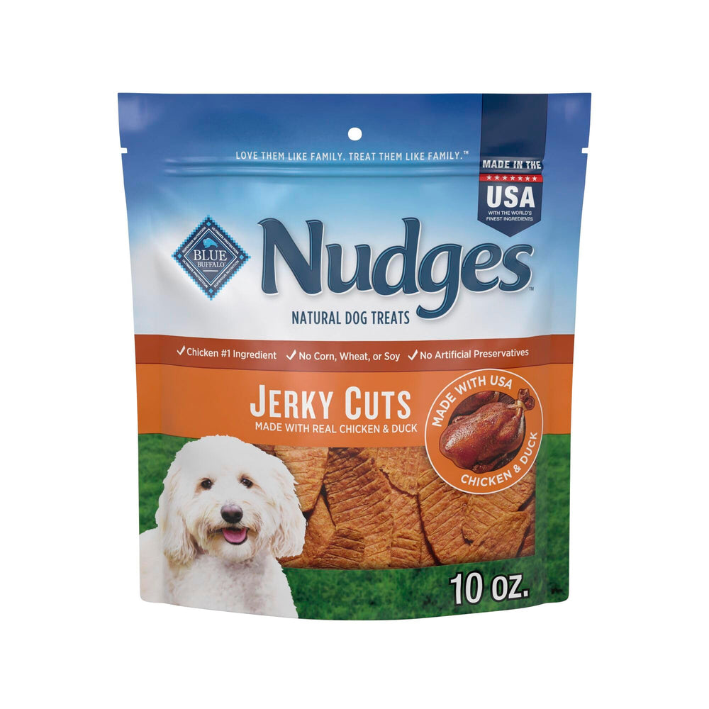 Blue Buffalo Nudges duck jerky cuts 10oz bag emphasizes real duck first for tasty rewards