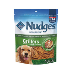 Blue Buffalo Nudges Grillers bag front highlights real chicken as the first ingredient for tasty rewards.