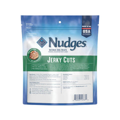 Blue Buffalo Nudges Jerky Cuts chicken closeup highlights tender texture.