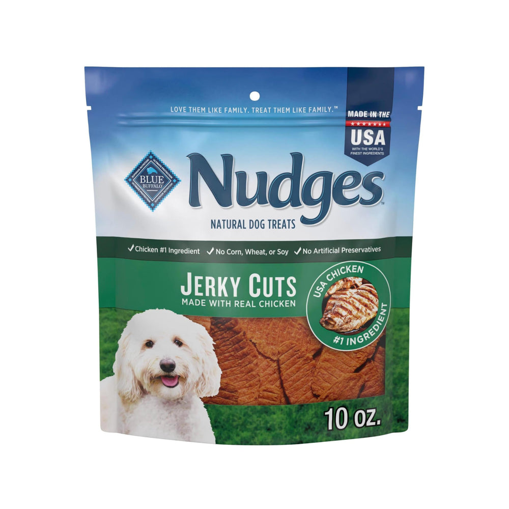 Blue Buffalo Nudges Jerky Cuts package front with real chicken first ingredient.