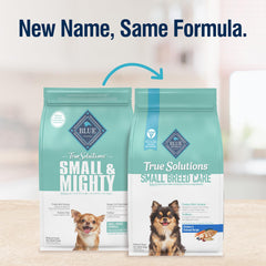Blue Buffalo small-breed kibble close-up highlights real chicken flavor.