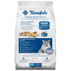 Blue Buffalo Tastefuls kibble close-up highlights brown rice for steady energy.