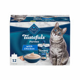 Blue Buffalo Tastefuls Purées chicken pouch open for easy portioning and serving.