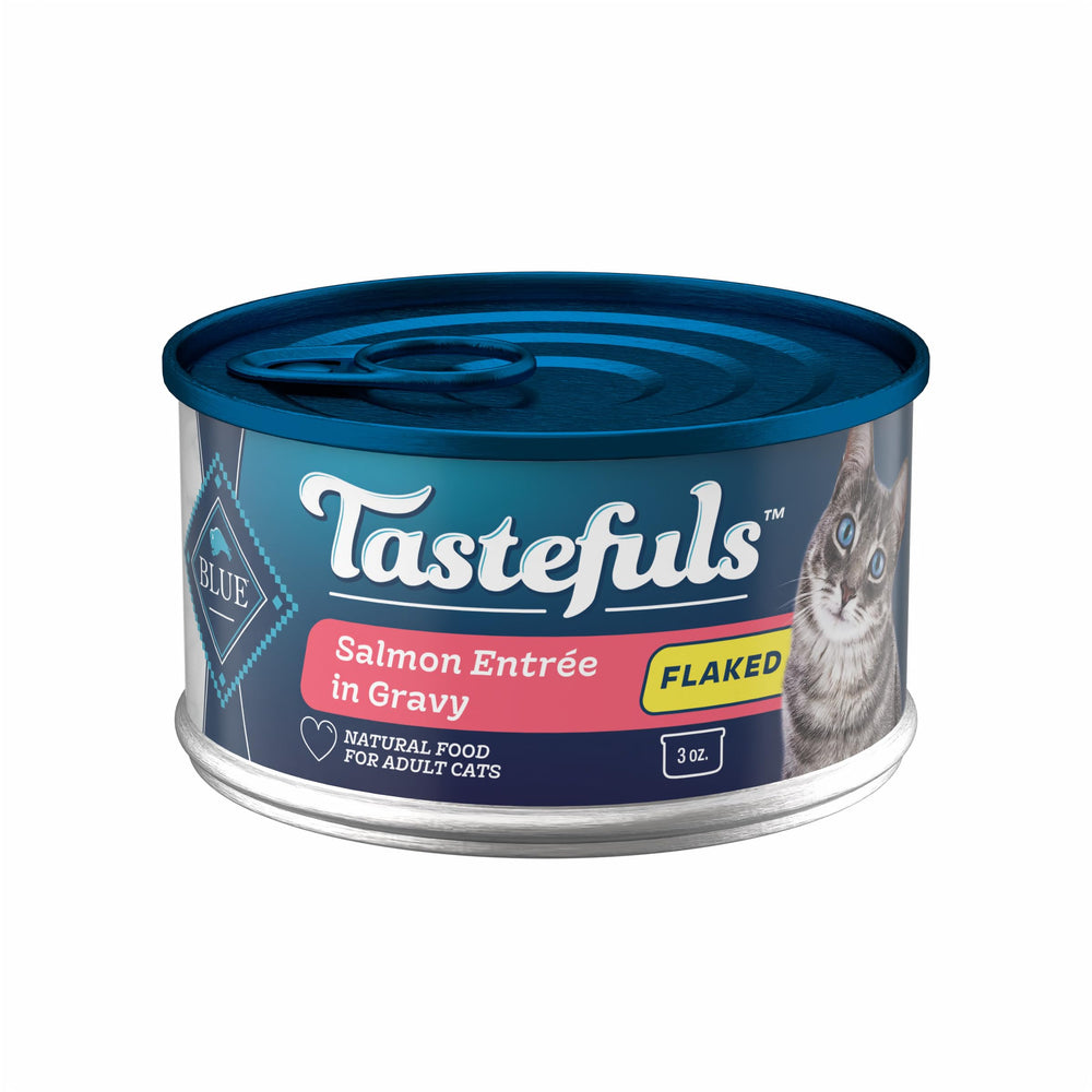 Blue Buffalo Tastefuls salmon-flaked wet cat food can with high-moisture hydration potential.