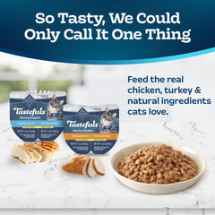 Blue Buffalo Tastefuls savory singles gravy close-up, tender chicken in rich sauce