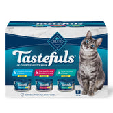 Blue Buffalo Tastefuls variety pack box with tuna, chicken and fish & shrimp entrées in gravy.