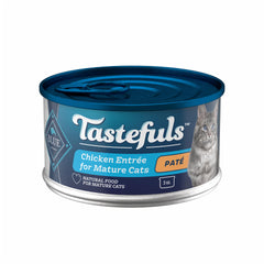 Blue Buffalo Tastefuls pate can for mature cats with chicken entree, rich moisture.