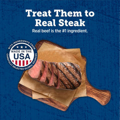 Blue Buffalo True Chews Grillers steak treat close-up showcasing tender bite.