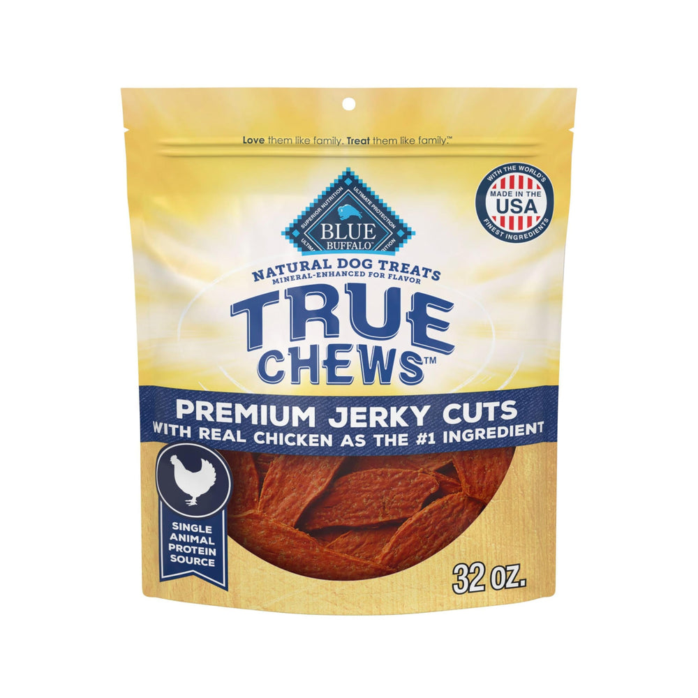 Blue Buffalo True Chews jerky chicken 32oz bag shows real chicken as the first ingredient.