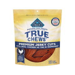 Blue Buffalo True Chews jerky chicken 32oz bag shows real chicken as the first ingredient.