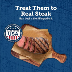 Blue Buffalo True Chews Premium Grillers steak packaging shows USA-made promises for quality treats.