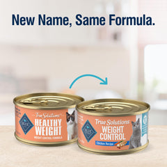 Blue Buffalo True Solutions can close-up showing L-Carnitine and fiber for fullness.