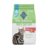 Blue Buffalo True Solutions salmon dry cat food bag shows real salmon as primary ingredient for coat health.