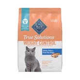 Blue Buffalo True Solutions weight-control bag front highlights real chicken first for protein-rich nutrition.