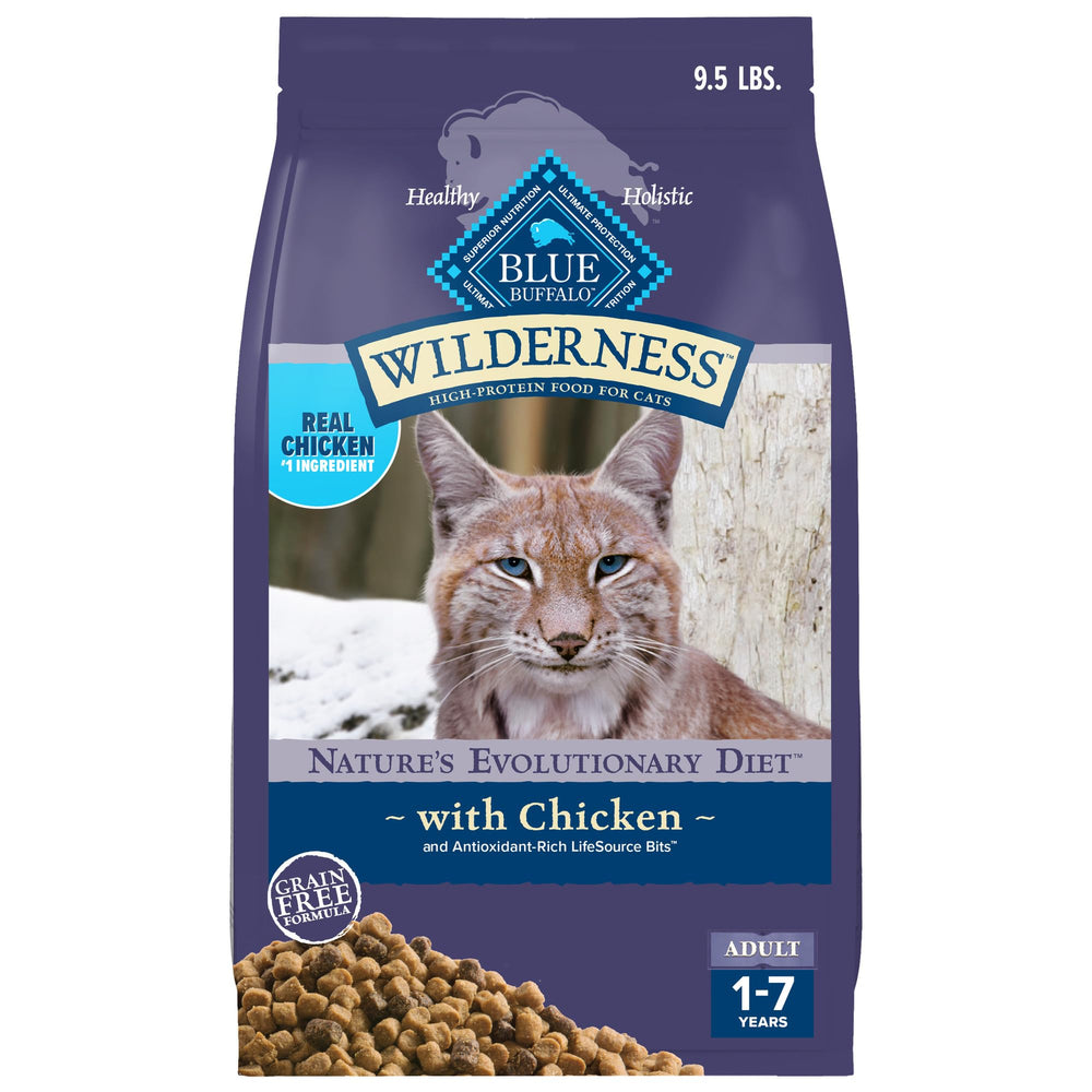 Blue Buffalo Wilderness chicken recipe bag (9.5 lb) with real chicken for an active adult cat.