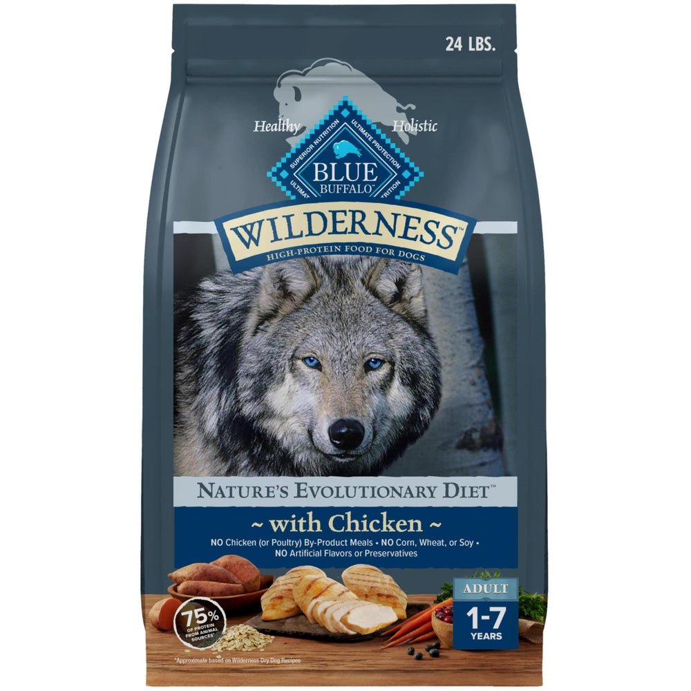 Blue Buffalo Wilderness chicken recipe bag front highlights real protein for adult dogs