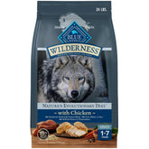 Blue Buffalo Wilderness chicken recipe bag front highlights real protein for adult dogs