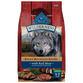 Blue Buffalo Wilderness Rocky Mountain red meat dry dog food bag front showing high-protein formula