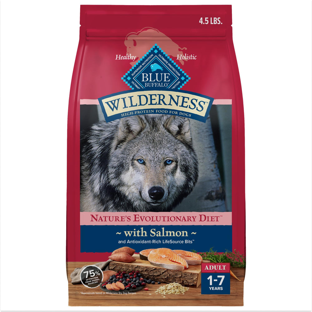 Blue Buffalo Wilderness salmon-first kibble supports lean muscle health.