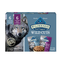 Blue Buffalo Wilderness Trail Toppers chicken bites 3oz pouch – high-protein flavor boost for active dogs.
