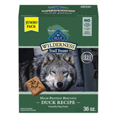 Blue Buffalo Wilderness Trail Treats packaging highlights real duck-first formula for protein-forward snacking.
