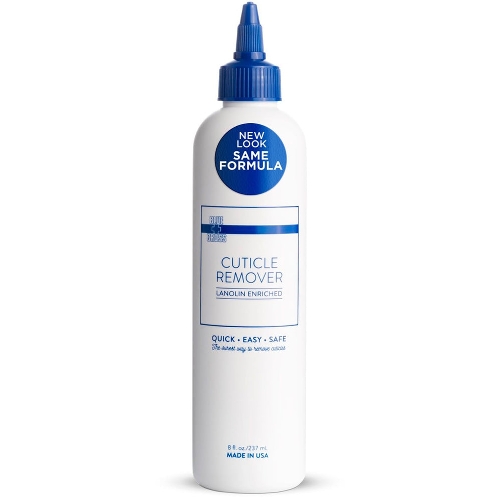 Blue Cross Cuticle Remover bottle 8oz demonstrating professional hydration for nails.