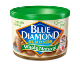 Blue Diamond Almonds can with whole natural almonds for a convenient snack.
