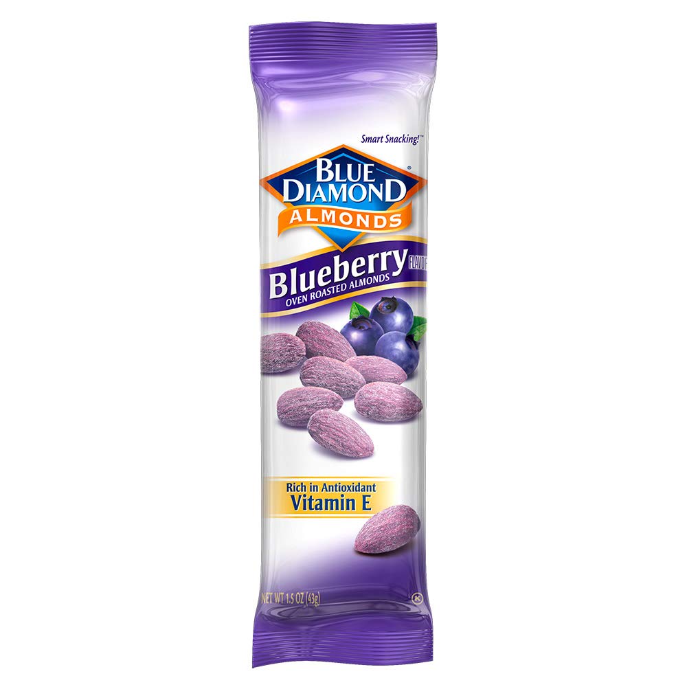 Blue Diamond Blueberry Almonds bag closeup, protein-rich snack for any time.