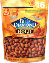 Blue Diamond Bold Habanero BBQ almonds in bag, spicy snack option.