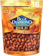 Blue Diamond Bold Habanero BBQ almonds in bag, spicy snack option.