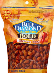 Blue Diamond Bold Habanero BBQ almonds in bowl showing rugged crunch.