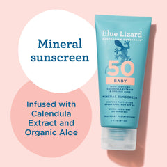 Calendula and Aloe imagery on Blue Lizard packaging indicating gentle care