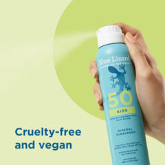 Blue Lizard Kids Mineral Sunscreen Spray with blue algae conditioning details.