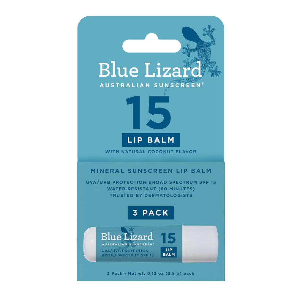 Blue Lizard Mineral SPF 15 lip balm tubes, compact and ideal for daily sun protection on the go