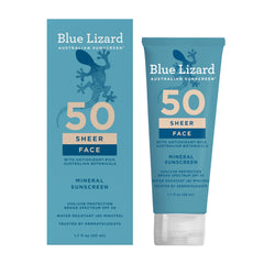 Blue Lizard Sheer Face SPF 50 bottle shows a sheer finish for daily protection.
