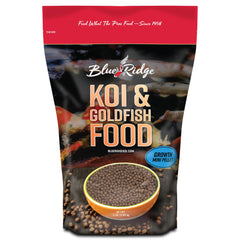 Blue Ridge Koi Food bag front with premium koi pellets for year-round koi and goldfish nutrition.
