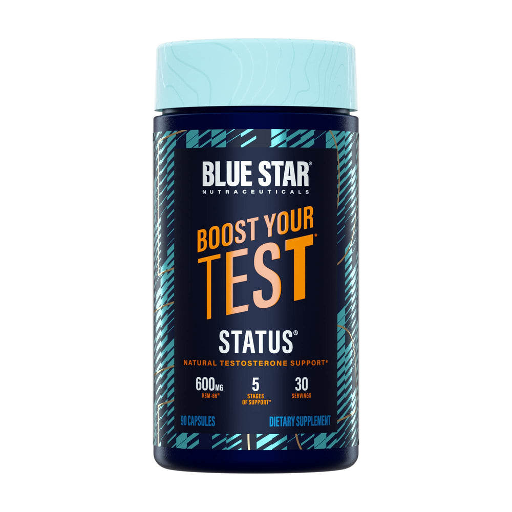Blue Star Status bottle front view showcases daily wellness for training goals.
