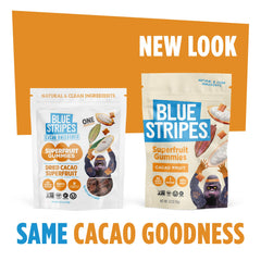 Blue Stripes Cacao Superfruit Gummies nutrition panel emphasizing vitamins and minerals for daily wellness.