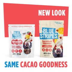 Blue Stripes Cacao Superfruit Gummies on hand highlight chewy texture and tropical flavor.