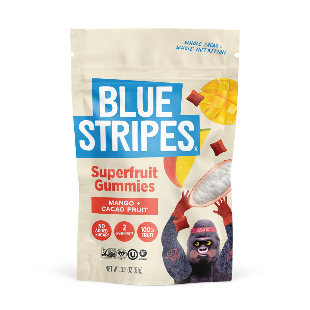 Blue Stripes Cacao Superfruit Gummies packaging shown for convenient on-the-go snacking.