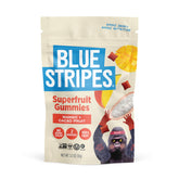 Blue Stripes Cacao Superfruit Gummies packaging shown for convenient on-the-go snacking.