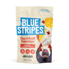 Blue Stripes Cacao Superfruit Gummies packaging shown for convenient on-the-go snacking.