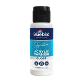 Bluebird Signature Gloss Varnish bottle shown, offering durable protection for vibrant acrylic work.