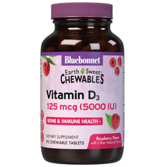 Bluebonnet Earth Sweet Vitamin D3 raspberry chewables bottle supports daily bone health.
