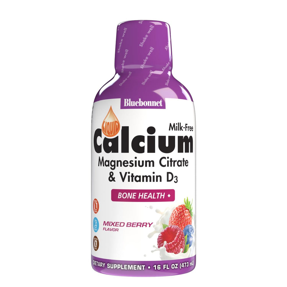 Bluebonnet Liquid Calcium citrate bottle pouring for easy daily bone support