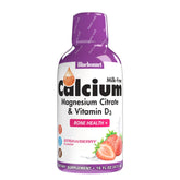 BlueBonnet liquid calcium citrate bottle highlights a bone-support formula in strawberry flavor