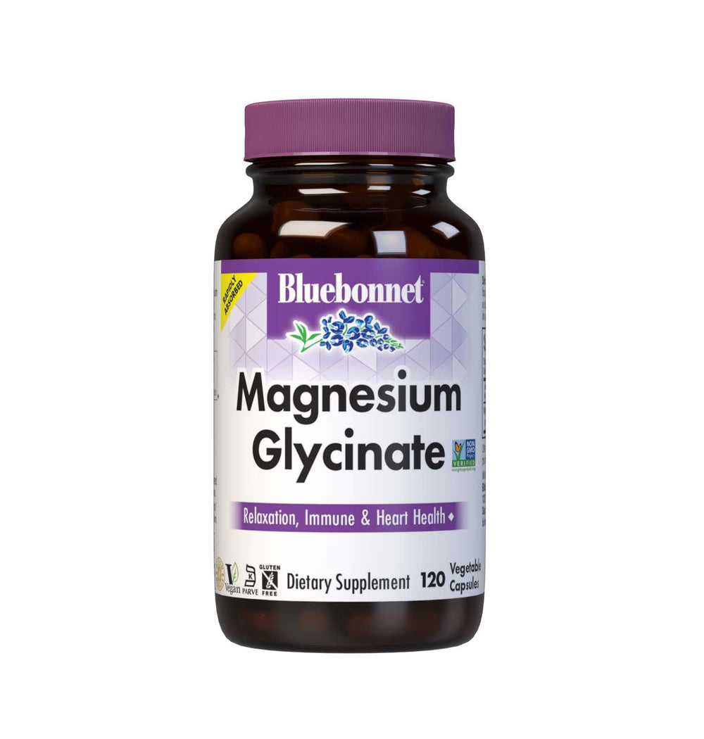 BlueBonnet Magnesium Glycinate 400mg bottle emphasizing rapid absorption for energy support
